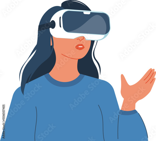 Illustration of a woman immersed in virtual reality, showcasing innovation and futuristic technology. Woman in VR glasses, meta universe of entertainment concept. Flat woman exploring a virtual world