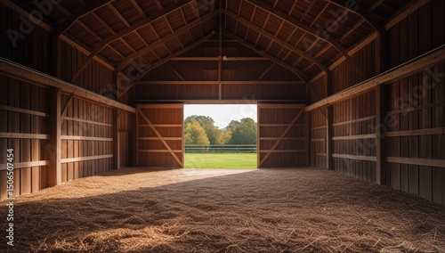 Wallpaper Mural The interior of a rustic wooden barn with an open doorway leading to a field Torontodigital.ca