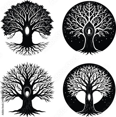 Four black and white graphic illustrations of mystical trees with shapes on their trunks