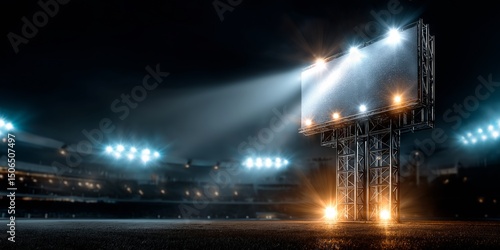 Massive Blank Stadium Billboard under Stadium Lights, Perfect for Advertisement and Mockup Designs.