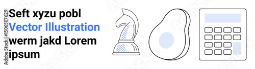 Chess piece, avocado illustration, and calculator icon aligned horizontally. Ideal for business strategy, finance, healthy lifestyle, creativity, decision-making, minimal design simple landing page