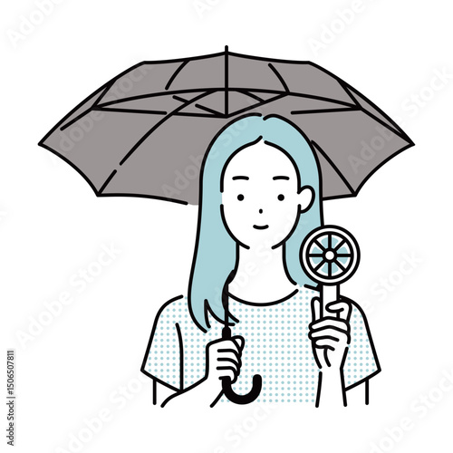 熱中症予防アイテム（日傘・携帯扇風機）を持つ女性イラスト