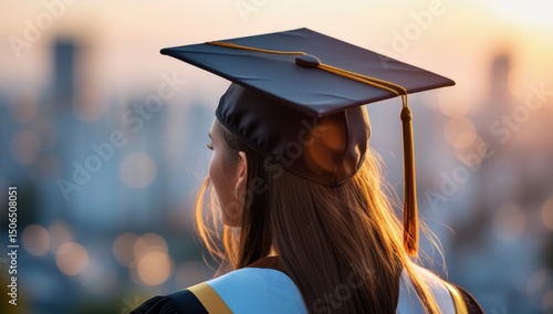 Young female graduate contemplating her future with city skyline background