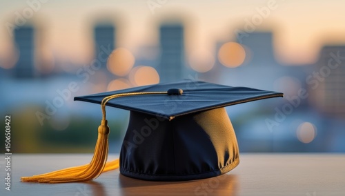 Graduation Cap with Cityscape Background Celebrating Academic Achievement