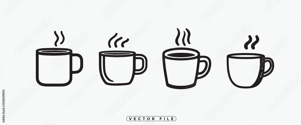 Fototapeta premium Four Steaming Coffee Cups in a Row Black and White Vector