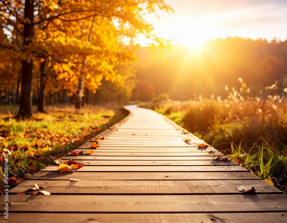 Panoramic autumn landscape with wooden path at sunset Panoramic autumn landscape with wooden path at sunset