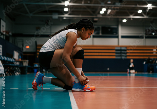 Focused Young Female Volleyball Player, Appearing African, Tying Her Shoe on an Indoor Court - Representing Preparation and Dedication in Sports