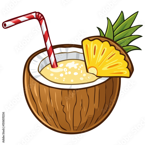 Pina colada cocktail in coconut vector color illustration in sketch style. Summer tropical drink for bar and menu.