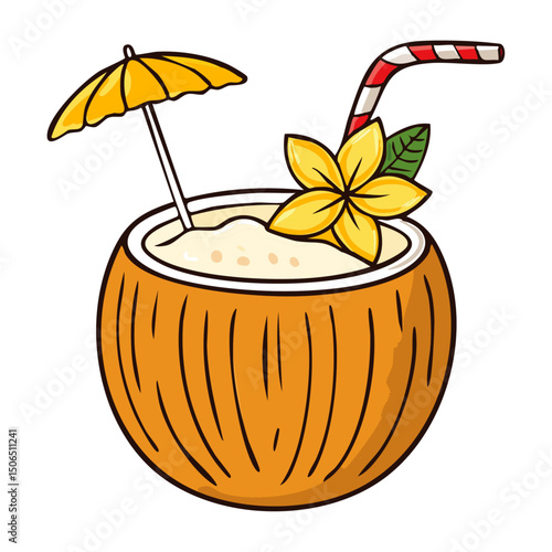 Pina colada cocktail in coconut vector color illustration in sketch style. Summer tropical drink for bar and menu.