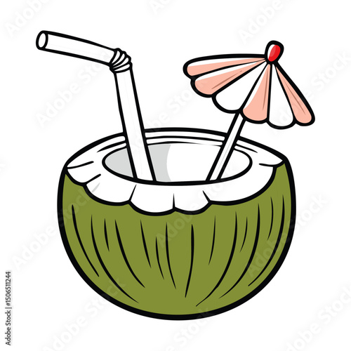 Cocktail in coconut vector color illustration in sketch style. Coconut water line art. Tropical drink for menu and bar