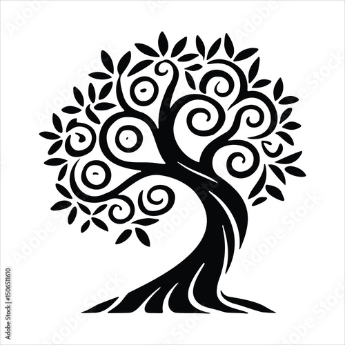 Vector tree silhouette with abstract floral elements and decorative ornament design