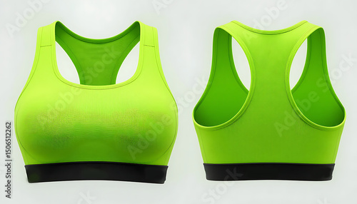 Realistic women's neon green sports bra mockup with racerback cut, front and back view.