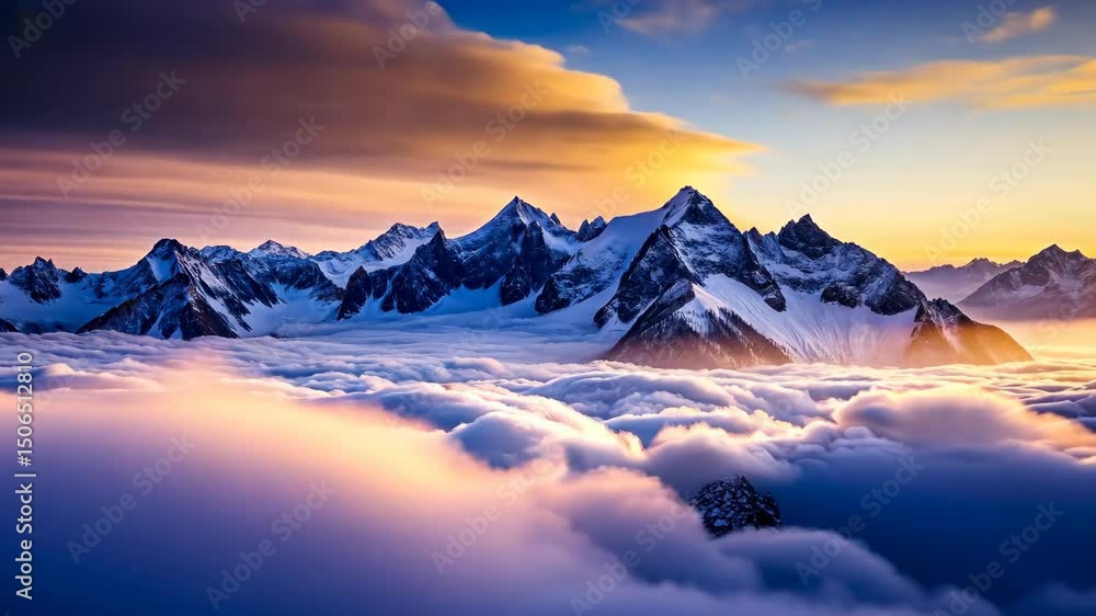 Majestic snow-capped mountain peaks rise above a breathtaking sea of clouds at sunset Majestic snow-capped mountain peaks rise above a breathtaking sea of clouds at sunset