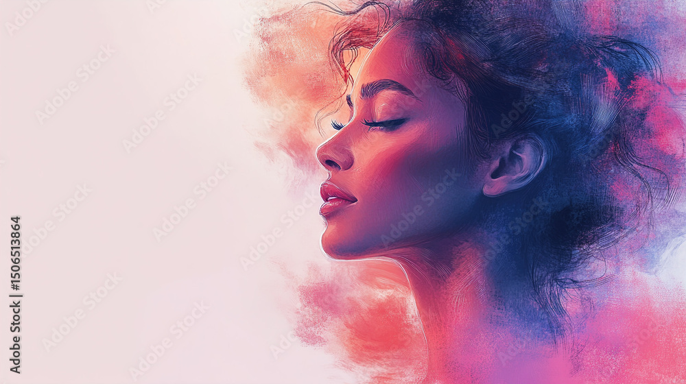 Fototapeta premium Artistic portrait of a woman illustrated in soft pastel colors, featuring gentle brush strokes and a dreamy, feminine aesthetic—ideal for beauty, fashion, or editorial use.