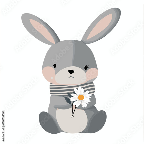 A charming vintage cartoon rabbit wearing a striped scarf and holding a daisy, drawn with clean vector lines on a white background