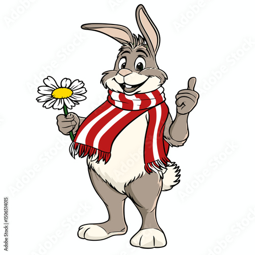 A charming vintage cartoon rabbit wearing a striped scarf and holding a daisy, drawn with clean vector lines on a white background