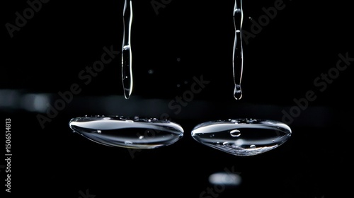 Two elongated oily drops falling from a pipette tip in close-up against a dark black background, capturing the fluid dynamics and surface tension in a scientific laboratory setting