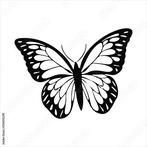 Black and white butterfly vector illustration flying with detailed wings and antenna