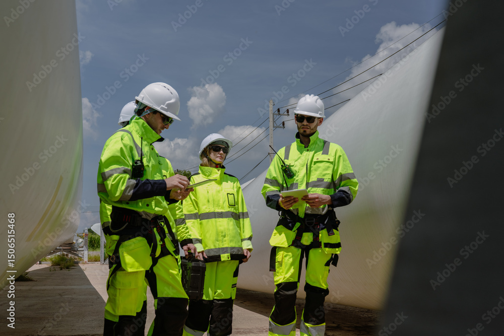 Fototapeta premium Maintenance engineer team standing at windmills at wind turbine farm. Group of people wear safety helmet and uniform working at alternative renewable energy wind station. Sustainable energy technology
