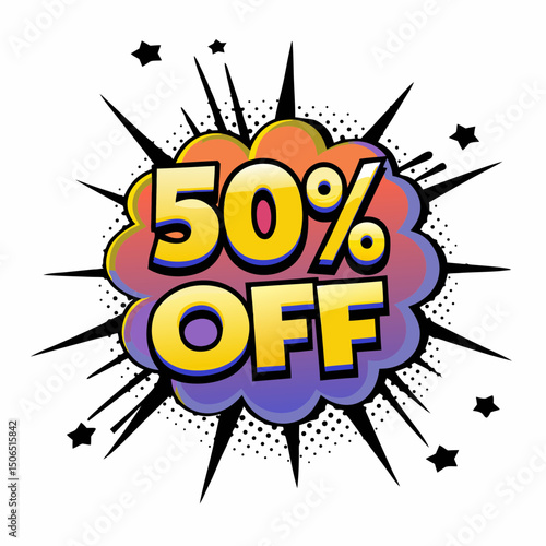 Discount offer of 50%, colorful comic book style, vector illustration   