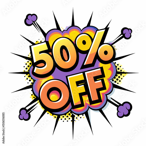 50% off sale announcement in vibrant comic book style design, vector illustration   