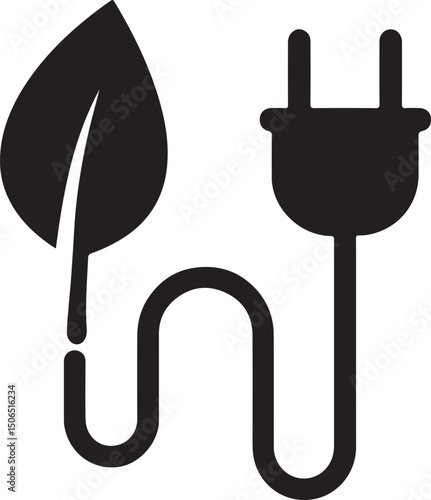 Silhouette vector of a leaf with plug cord, symbolizing green energy, eco power, sustainability, and environmentally friendly electricity. EPS format.