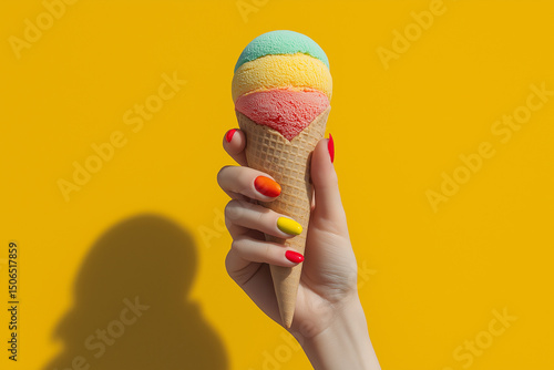 Hand holding melting rainbow ice cream cone against bright yellow background, playful summer vibe, bold shadows, pop-art colors