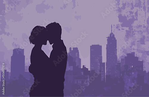 Silhouette of an affectionate couple against a purple cityscape backdrop.