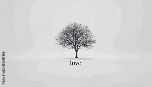 A solitary tree symbolizes love in a minimalist, monochrome design.