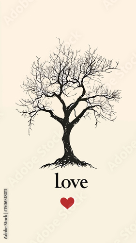 Illustration of a bare tree with the word 'love' and a heart symbol.