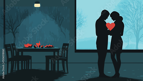 Silhouette of a couple sharing a heartfelt moment indoors, surrounded by an intimate setting.