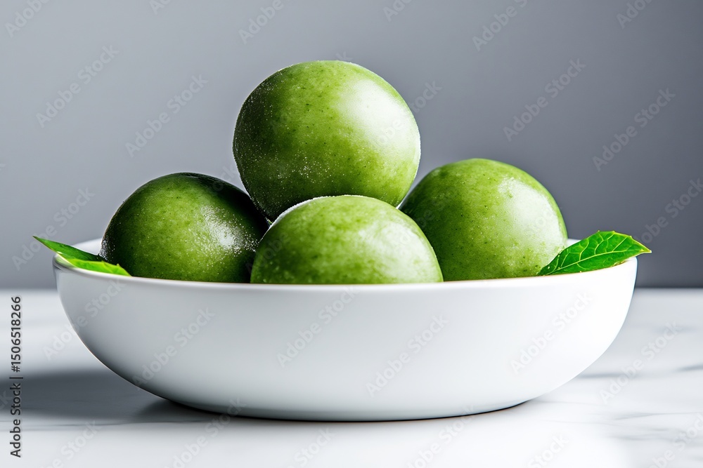 Obraz premium Matcha Mochi Ice Cream Balls Arranged Neatly On White Ceramic Plate