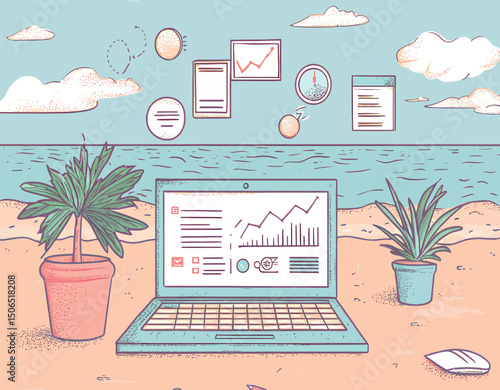An artistic depiction of a laptop set up on a beach, blending work and relaxation.