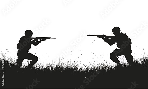 Silhouetted soldiers in a tense standoff, highlighting courage and bravery.