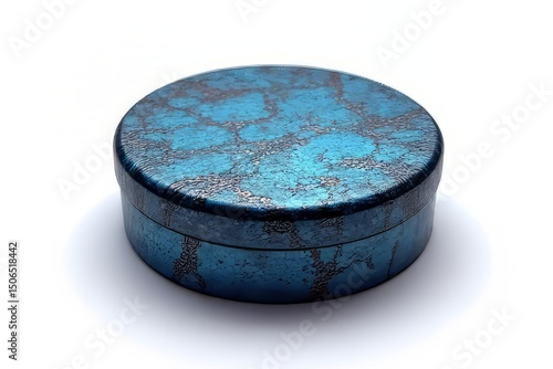 Round Teal Blue Decorative Metal Box with Intricate Design