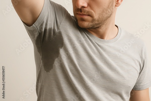 Man's Gray T-Shirt with Visible Sweat Stains Under Armpits Depicting Hyperhidrosis and Excessive Perspiration Issues on a Neutral sweating