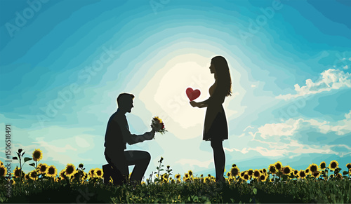 Silhouetted couple in love sharing a romantic moment among sunflowers.