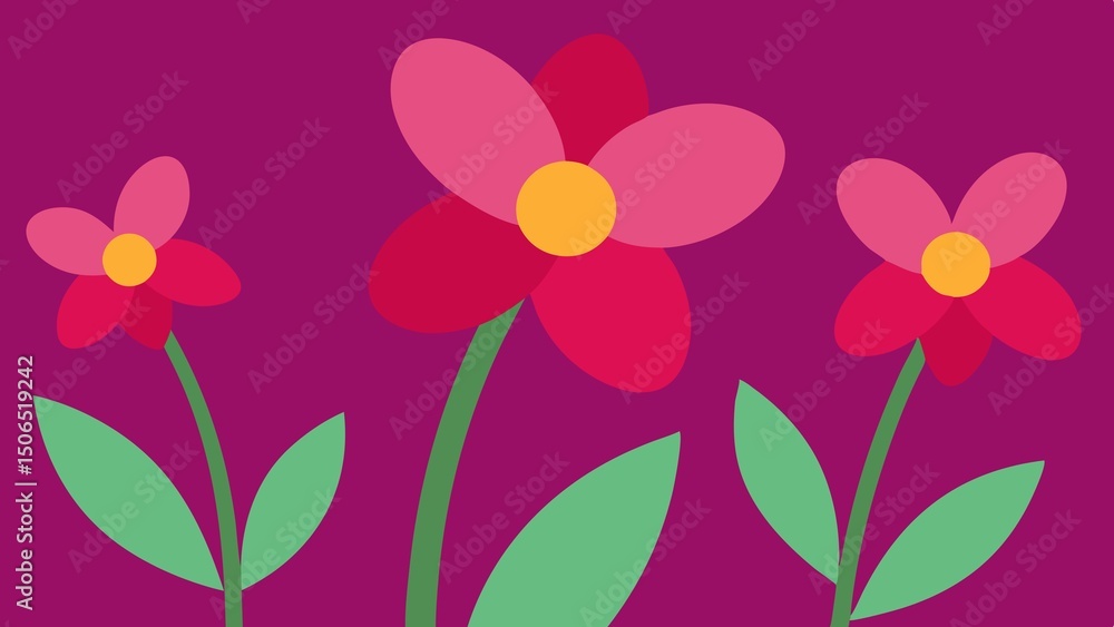 Three colorful simple flowers with green stems and leaves set against a purple background Three colorful simple flowers with green stems and leaves set against a purple background
