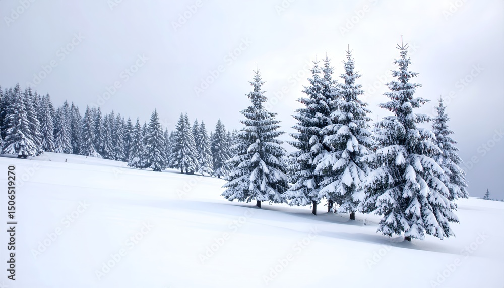 Serene winter landscape with snow-covered evergreen trees under a cloudy sky, evoking a tranquil and peaceful atmosphere in a snowy forest scene.. copy space text Serene winter landscape with snow-covered evergreen trees under a cloudy sky, evoking a tranquil and peaceful atmosphere in a snowy forest scene.. copy space text