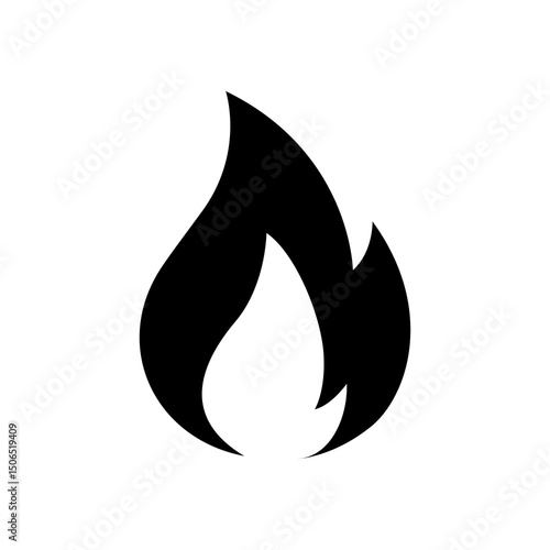 Fire flame icon vector in black silhouette, emergency warning symbol for heat, flammable, hazard and safety signage