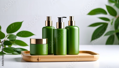 Skincare product set with green bottles and golden caps on a wooden tray, surrounded by green leaves against a white background, promoting natural beauty.