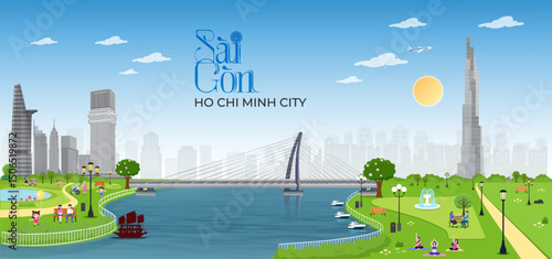 Ho Chi Minh city skyline vector with park and river Saigon