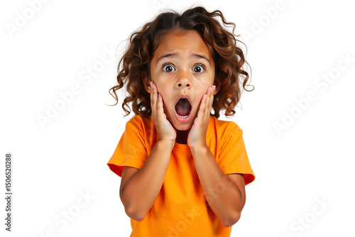 Surprised Young Girl with Curly Hair and Hands Raised on White Background