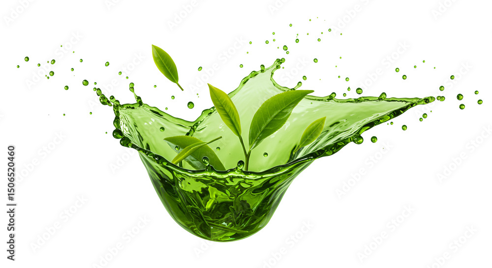 Vibrant green tea leaves burst through a splash of refreshing isolated transparent background Vibrant green tea leaves burst through a splash of refreshing isolated transparent background