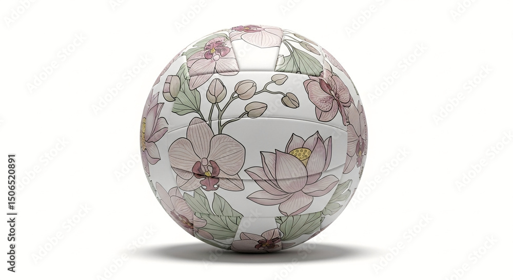 Beautiful Floral Patterned Volleyball on a Clean White Background - Ideal for Sports, Design, and Spring-Themed Concepts Beautiful Floral Patterned Volleyball on a Clean White Background - Ideal for Sports, Design, and Spring-Themed Concepts