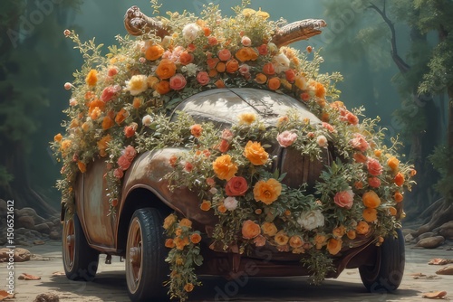 Rusty Vintage Car Decorated with Flowers in a Forest Setting