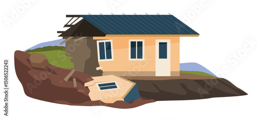 Illustration of a natural disaster landslide that caused extensive damage to houses in a hilly region due to heavy rains