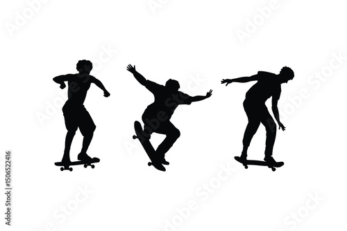 Skateboarder Silhouette Vector Set Performing Extreme Tricks and Jumps in Urban Skate Park Action Scenes Isolated on White Background
