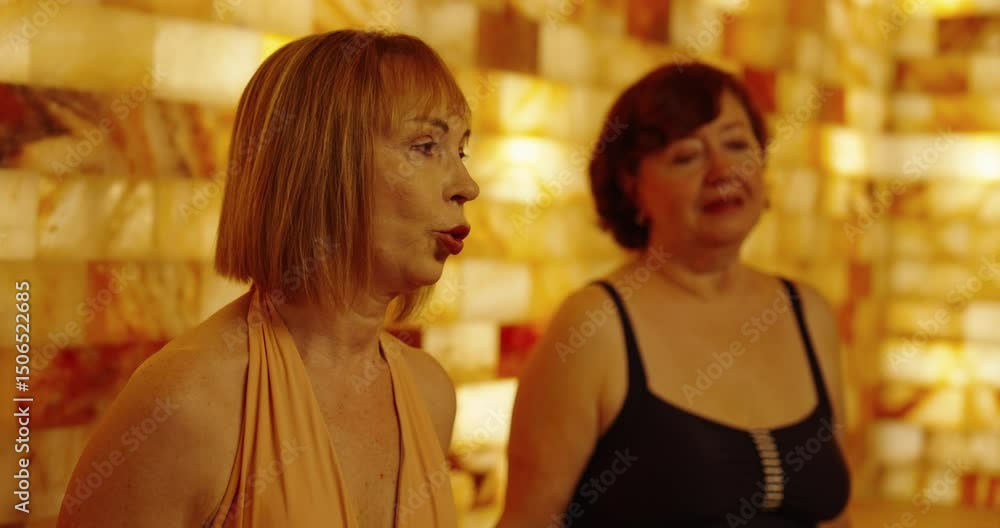 Portrait Of Two Pretty Aged Women Relaxing In Sauna In SPA, Relaxation And Enjoyment Portrait Of Two Pretty Aged Women Relaxing In Sauna In SPA, Relaxation And Enjoyment