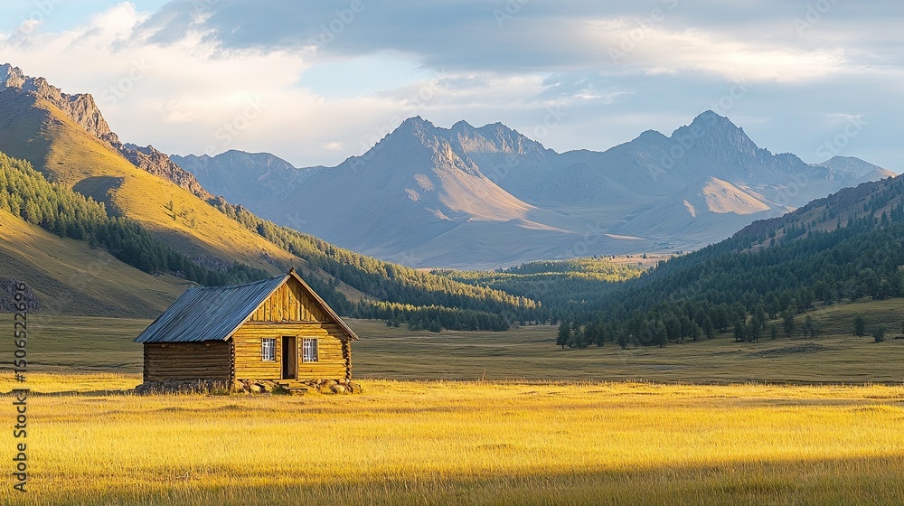 A secluded wooden cabin bathed in golden sunlight amidst majestic mountains a serene escape into nature s embrace shot A secluded wooden cabin bathed in golden sunlight amidst majestic mountains a serene escape into nature s embrace shot